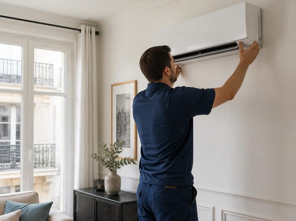Technicien Soluclim installant une climatisation murale réversible au Mans