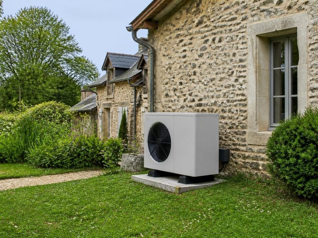 Pompe à chaleur air-eau installée à côté d'une maison en pierre en Sarthe
